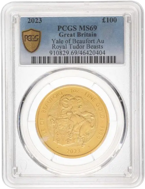 2023 Royal Tudor Beasts Yale of Beaufort £100 gold coin, PCGS MS69